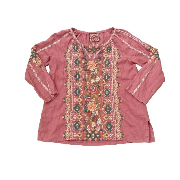 Johnny Was Chandra Pink Linen Peasant Top Blouse XS Embroidered Boho Cottage - Picture 5 of 13